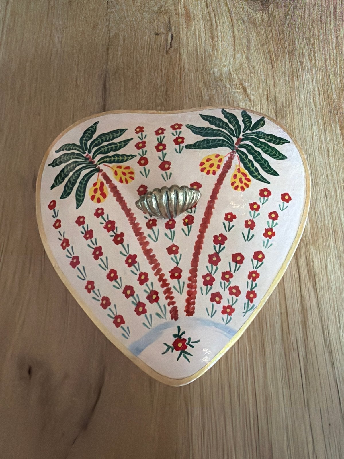 Hartvormig sieradendoosje met palmboom en bloemen, Ophalen of Verzenden, Gebruikt