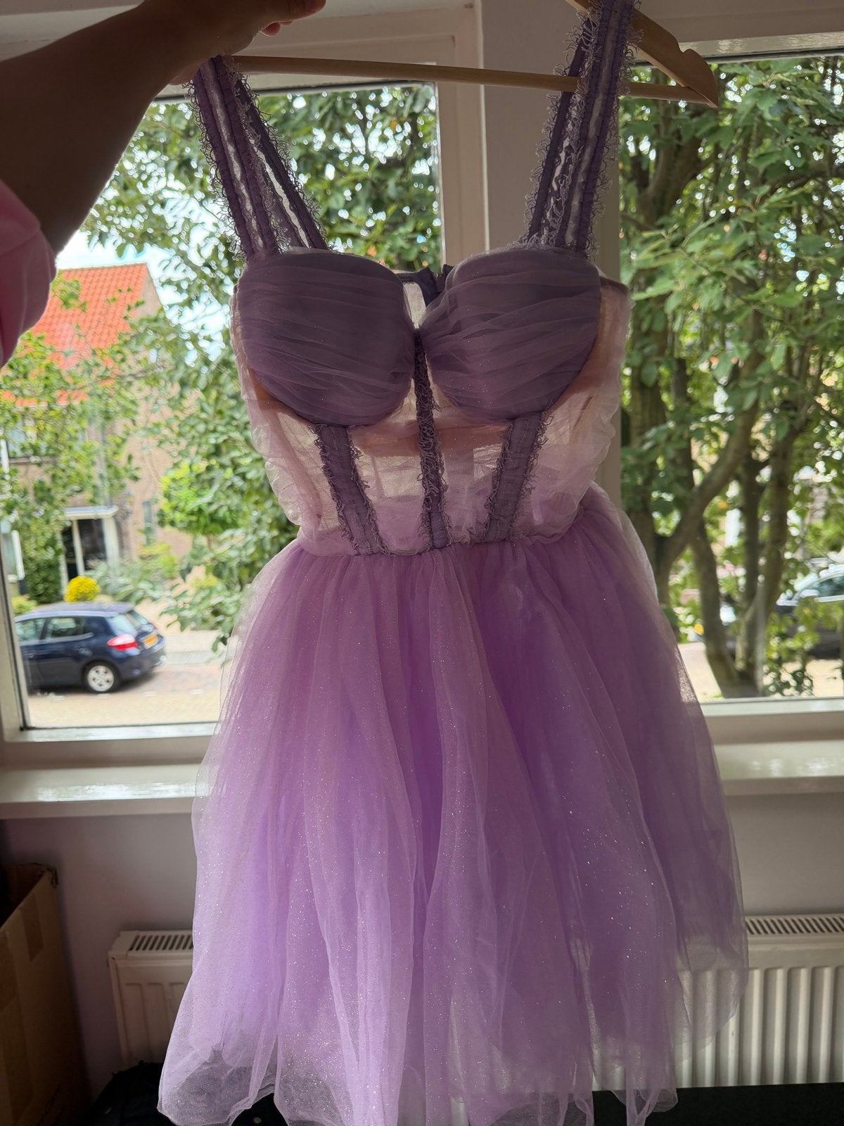 Elisabetta Franchi Lila Glitter Tule Prinsessenjurk XS, Paars, Ophalen of Verzenden, Zo goed als nieuw, Maat 34 (XS) of kleiner