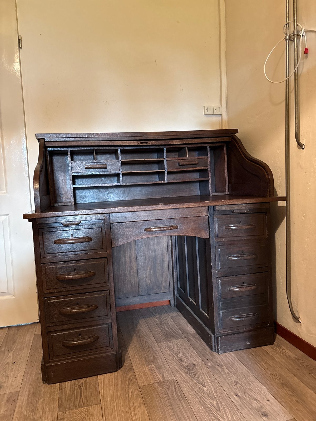 Antiek Eiken Roltop Bureau met Lades, Ophalen of Verzenden