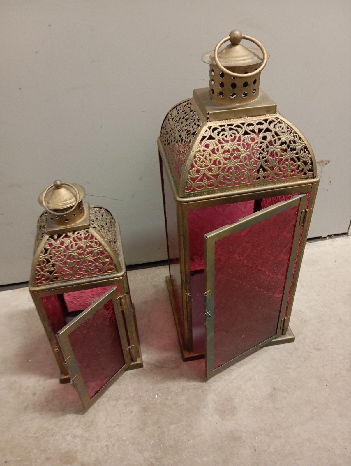 Set van 2 Oosterse lantaarns met rood glas, Gebruikt, Ophalen of Verzenden, Oosters, Metaal