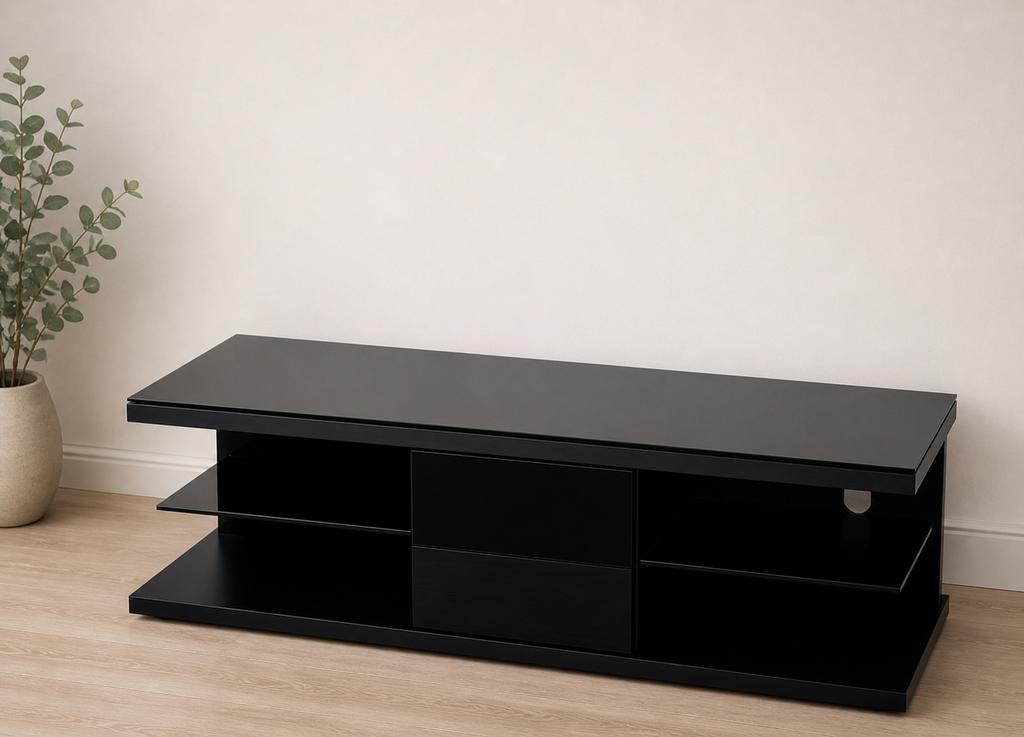 Zwart TV-meubel met houten frame en glazen blad, Ophalen, Gebruikt, 100 tot 150 cm, Minder dan 100 cm