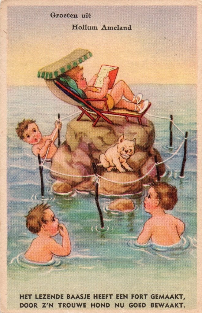 Ameland, Hollum, Groeten uit met lezende Baasje. 7946, Ophalen of Verzenden, 1940 tot 1960, Gelopen, Waddeneilanden