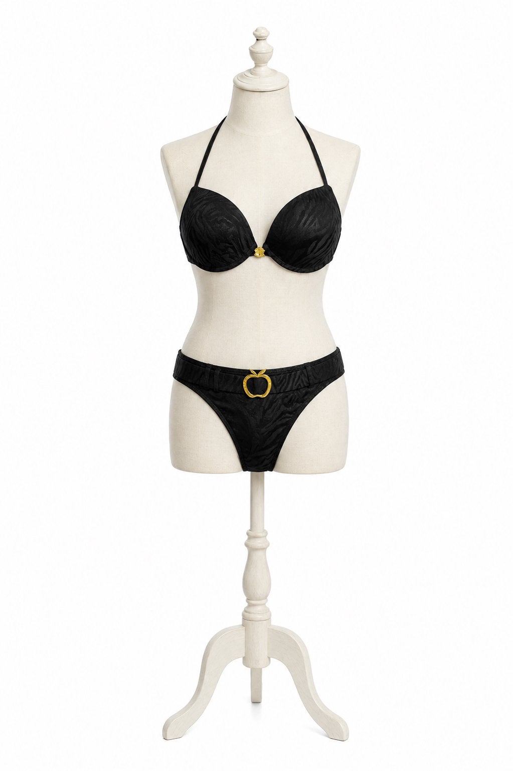 Luxe zwarte bikini met gouden appeldetails – maat 38, Ophalen of Verzenden, Zo goed als nieuw, Zwart, Bikini