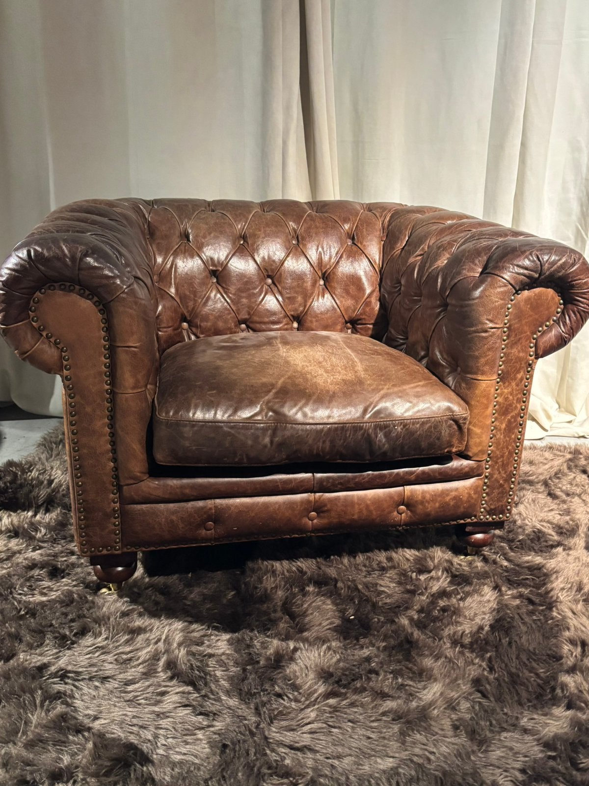 Stoere Chesterfield Clubfauteuil Cigar brown, Klassiek Stoer, Gebruikt, 75 tot 100 cm, Chesterfield