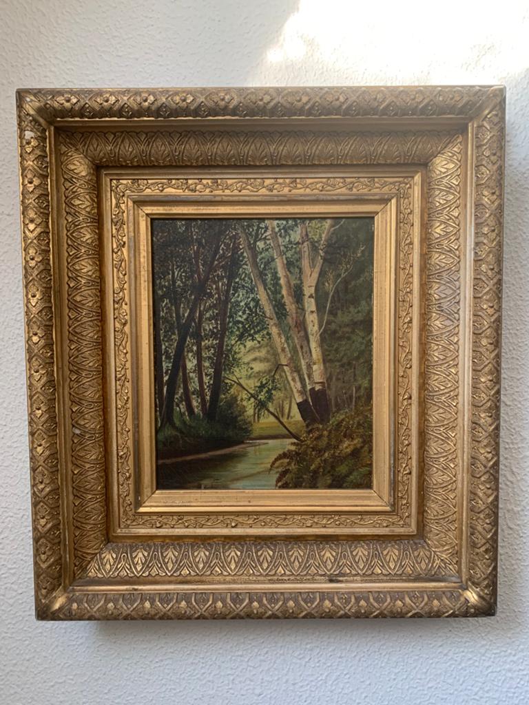 Olieverfschilderij: Boslandschap met beek en berken, Antiek en Kunst, Kunst | Schilderijen | Klassiek, Ophalen