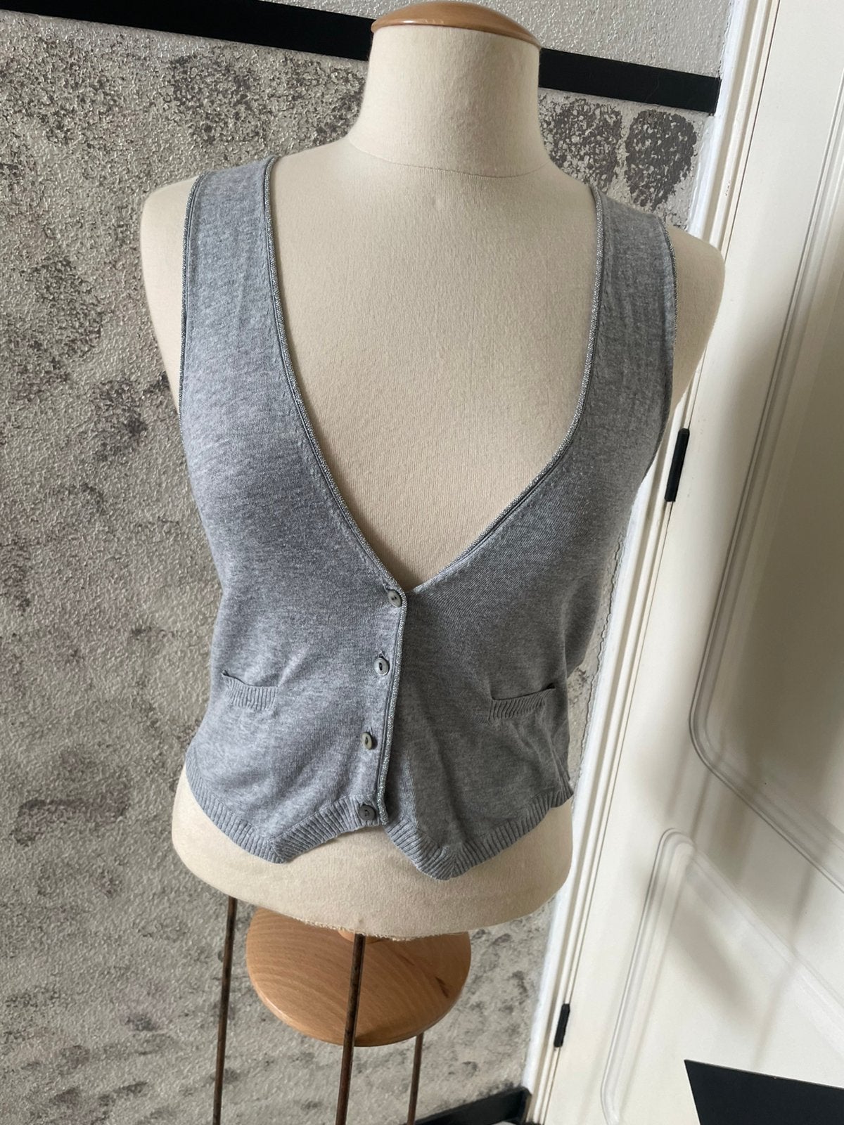 Grijze soepele rekbare gilet dames katoen S/M, Ophalen of Verzenden, Grijs, Gedragen, Maat 36 (S)