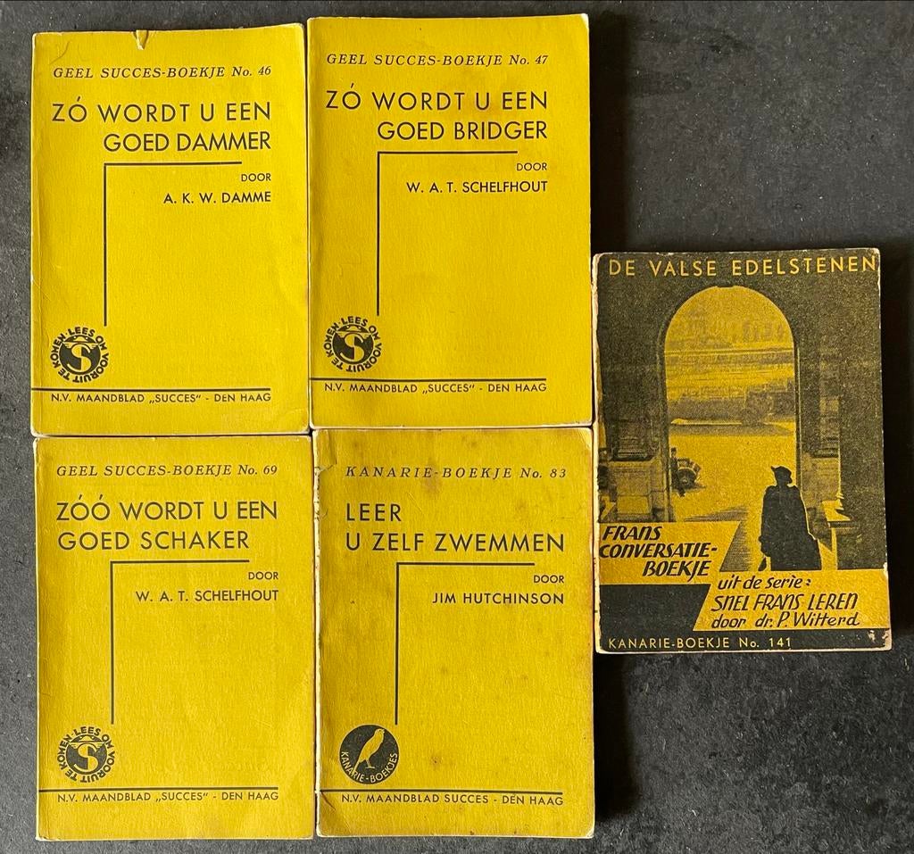 5 Kanarieboekjes: Dammen, Bridgen, Schaken, Zwemmen, Frans, Boeken, Ophalen of Verzenden, Gelezen