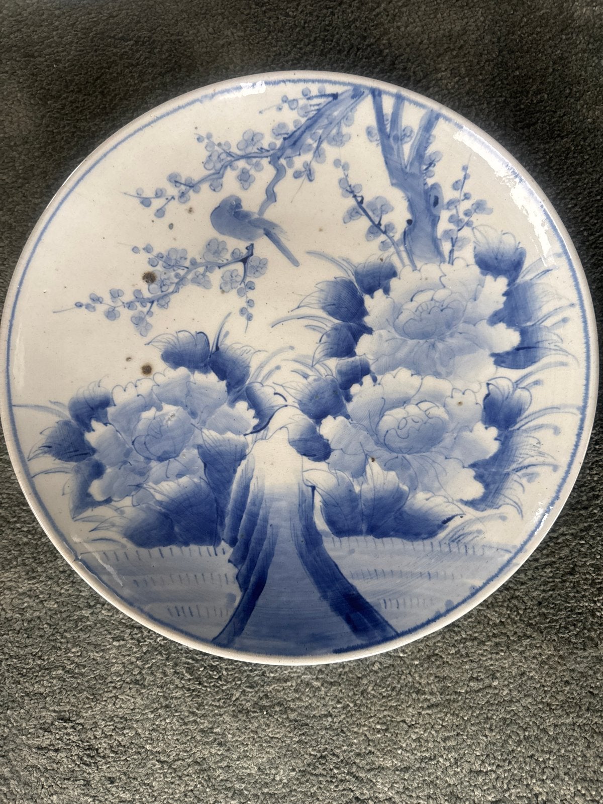 Antiek Chinees porseleinen bord met vogel en bloemen 46 cm, Antiek en Kunst, Ophalen