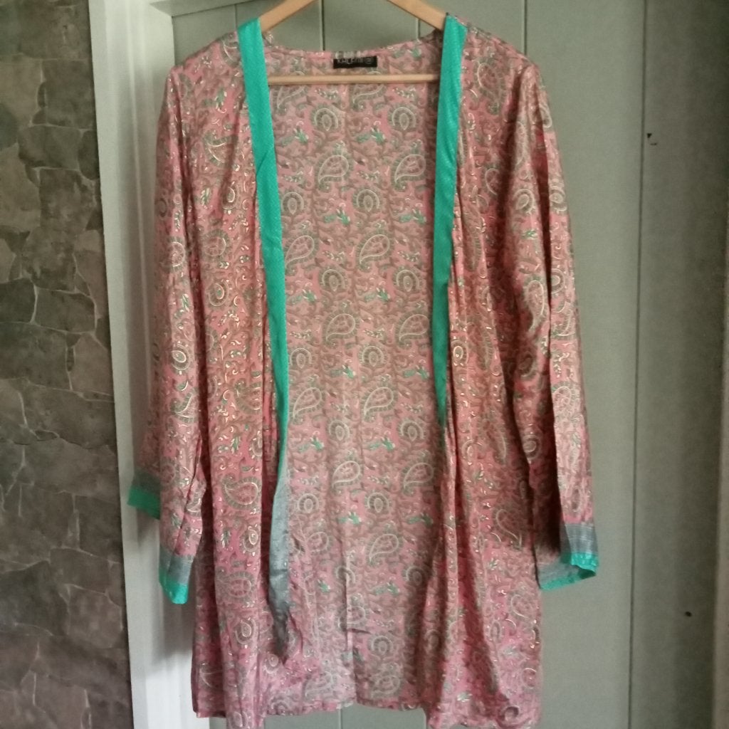 Zalmkleurige Paisley kimono met tailleband, Kleding | Dames, Blouses en Tunieken, Overige kleuren, Verzenden, Kalami, Maat 42/44 (L)