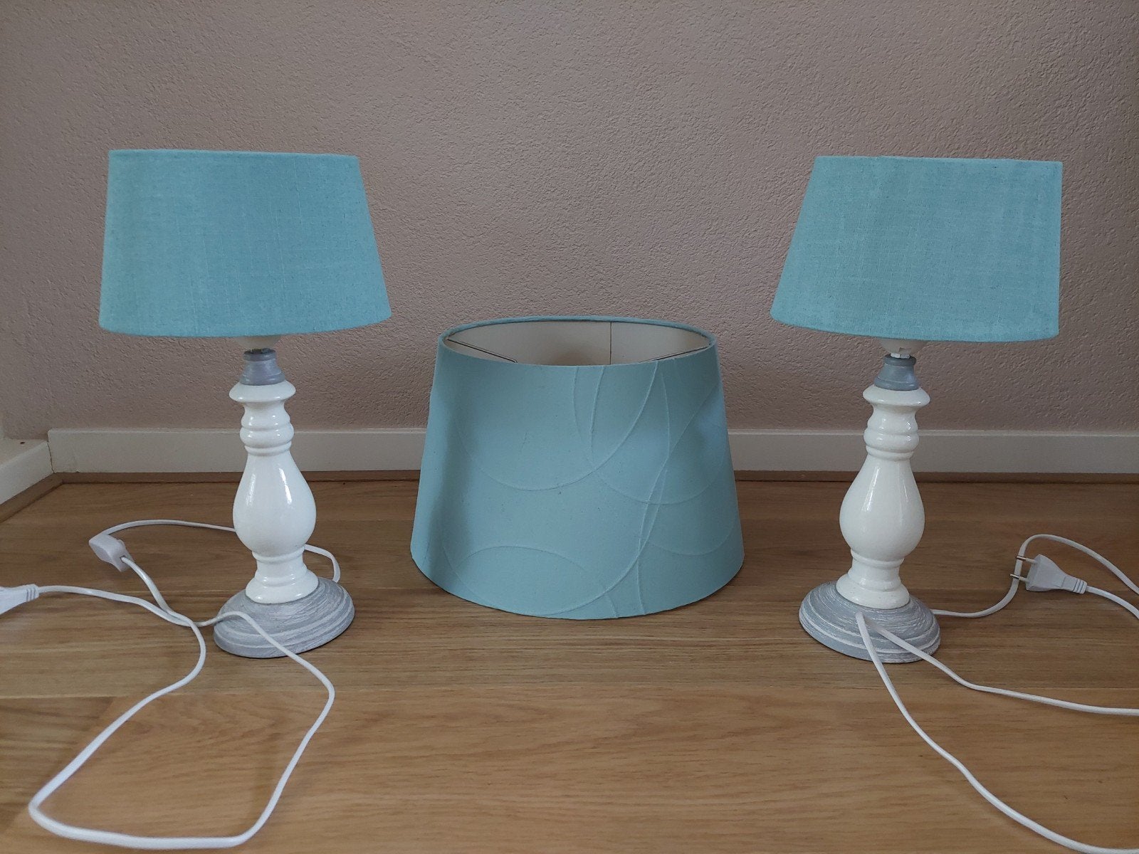 Set van 2 tafel/nachtkastlampen met turquoise kap, Huis en Inrichting, Ophalen, Overige materialen, Gebruikt, Meerkleurig