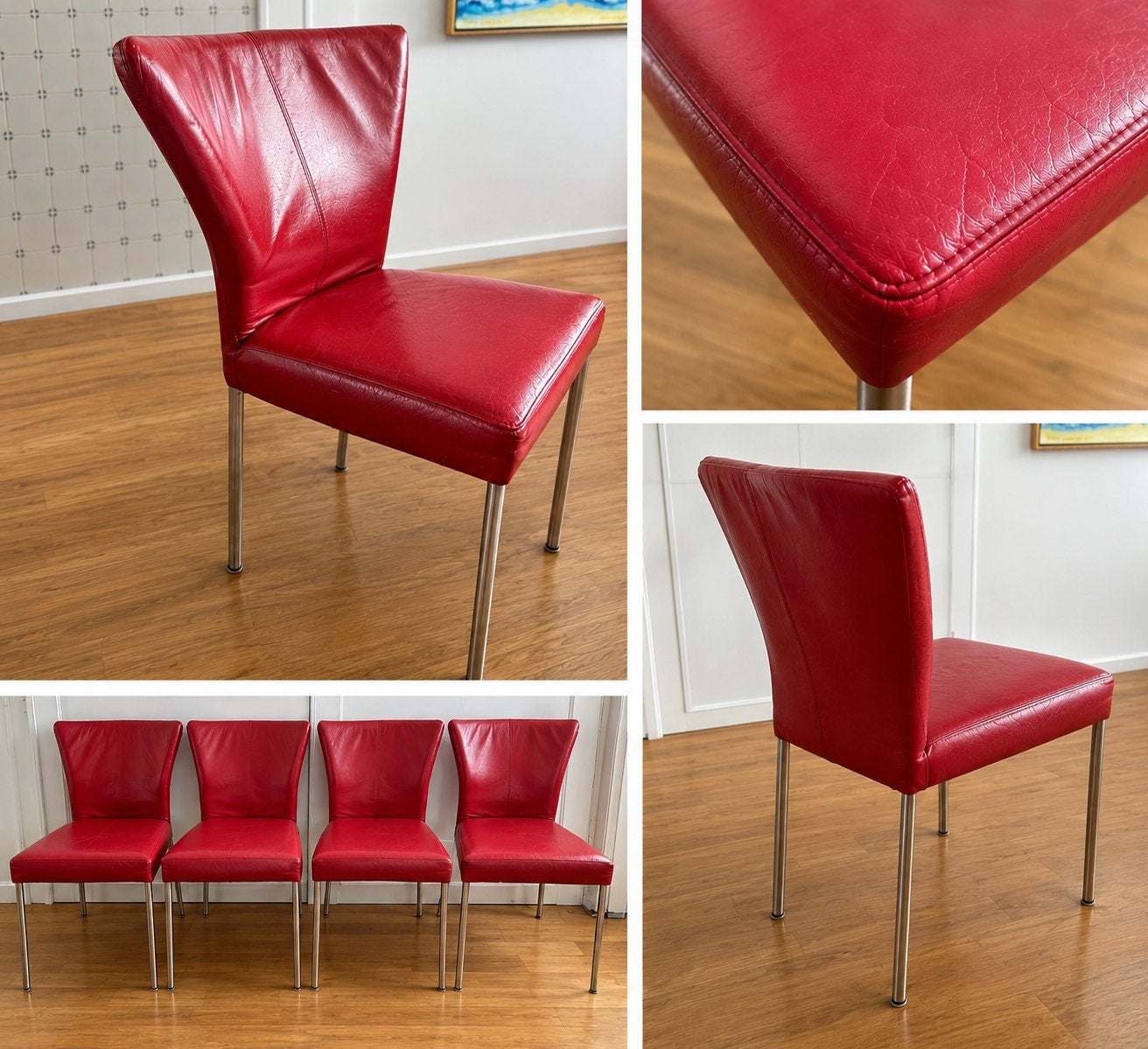 Set van 4 rode leren eetkamerstoelen, Ophalen, Gebruikt, Leer, Rood