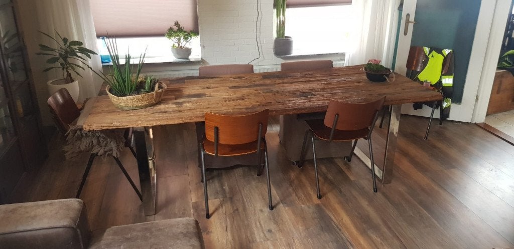 Stoere houten eettafel maatje XL, Huis en Inrichting, Ophalen, Eikenhout, 200 cm of meer, Industrieel oud hout