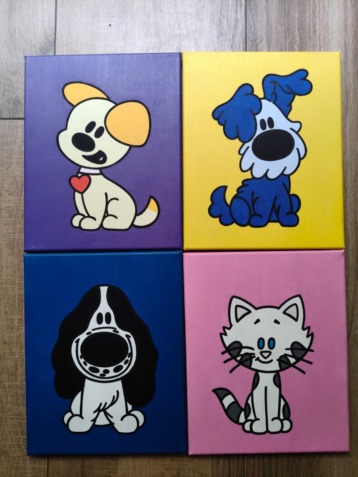 Set van 4 schattige Woezel en Pip schilderijen op canvas, Acrylverf, Ophalen of Verzenden, Dieren, Handgeschilderd