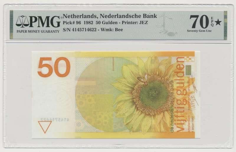 Nederland 50 Gulden 1982 zonnebloem PMG70 EPQ (Ster), Ophalen of Verzenden, 50 gulden
