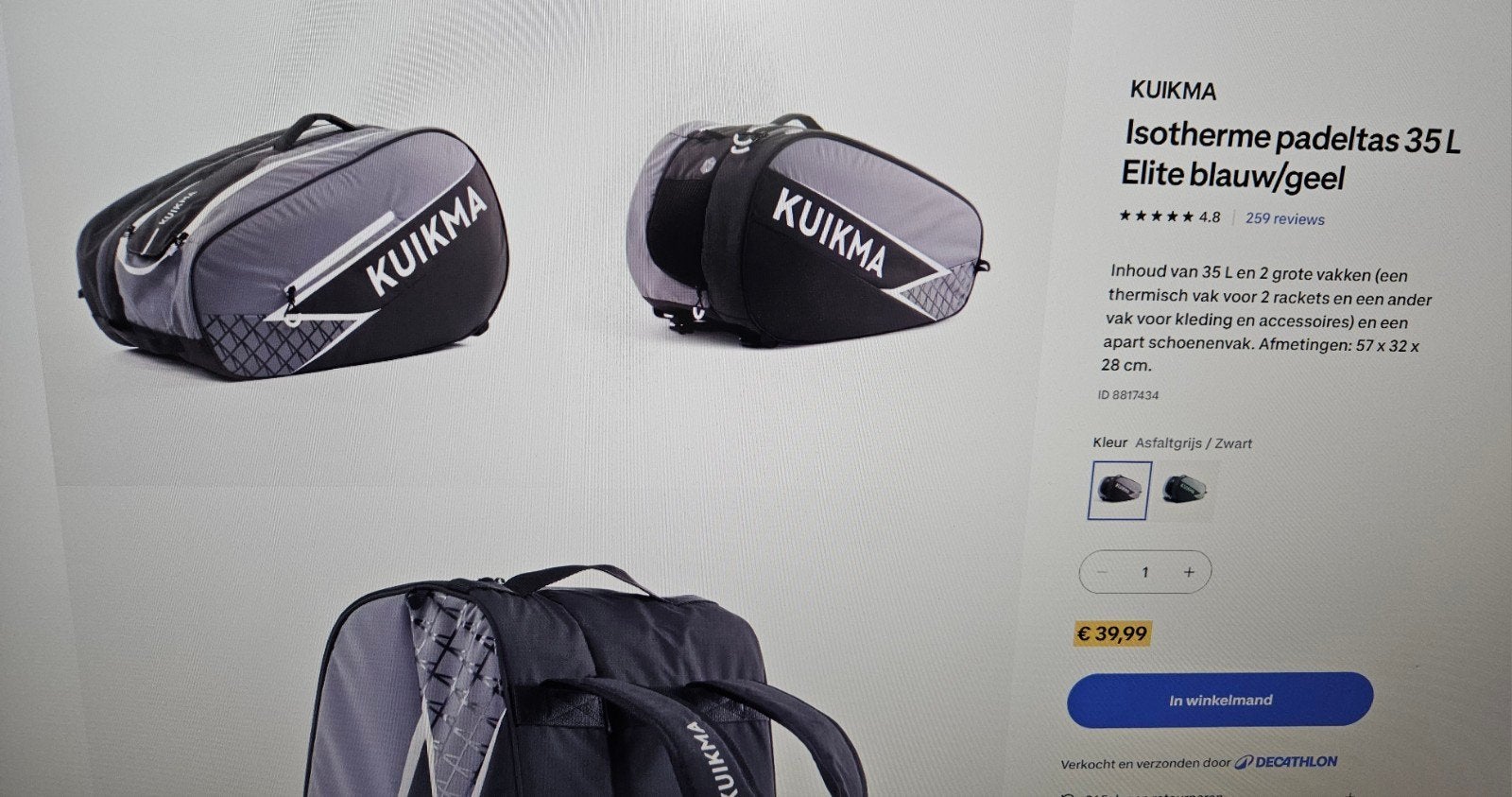 Kuikma Isotherme Padel Tas Grijs/zwart - Zo goed als nieuw, Ophalen, Zo goed als nieuw