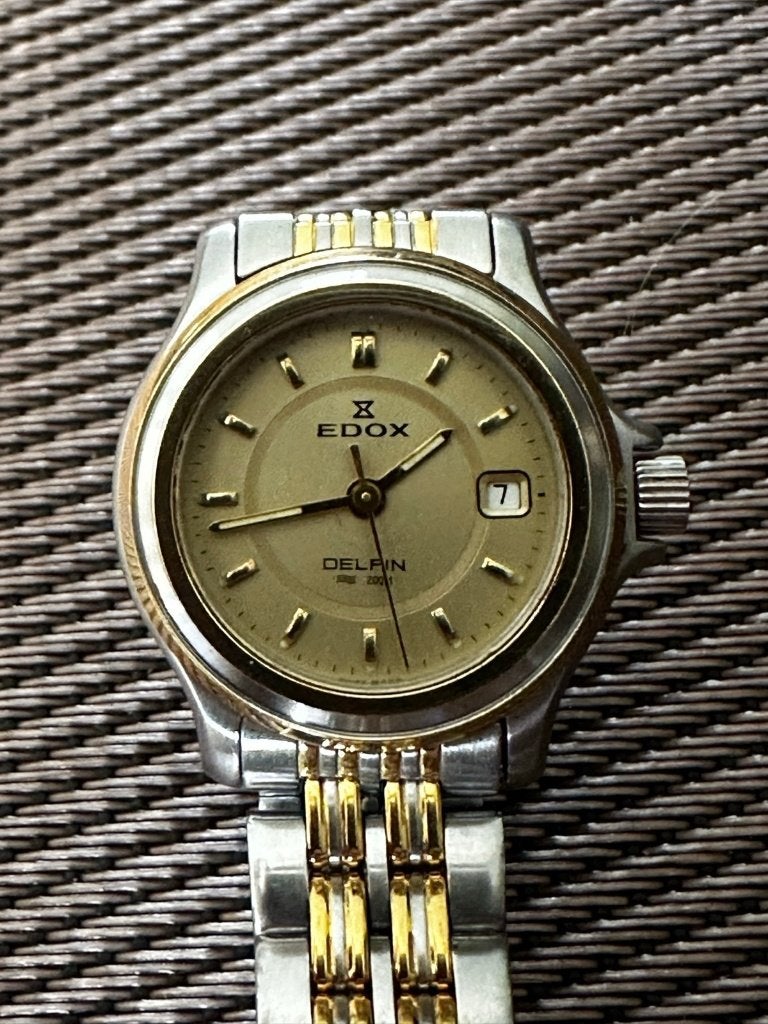 Edox Delfin dameshorloge staal goud saffierglas Swiss Made, Overige merken, Staal, Gebruikt, Polshorloge