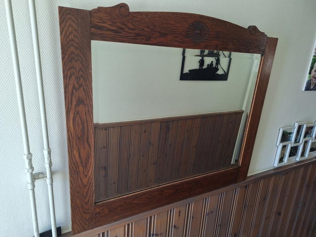 Antieke spiegel met eikenhouten lijst, Ophalen of Verzenden, Rechthoekig, 50 tot 100 cm, 100 tot 150 cm