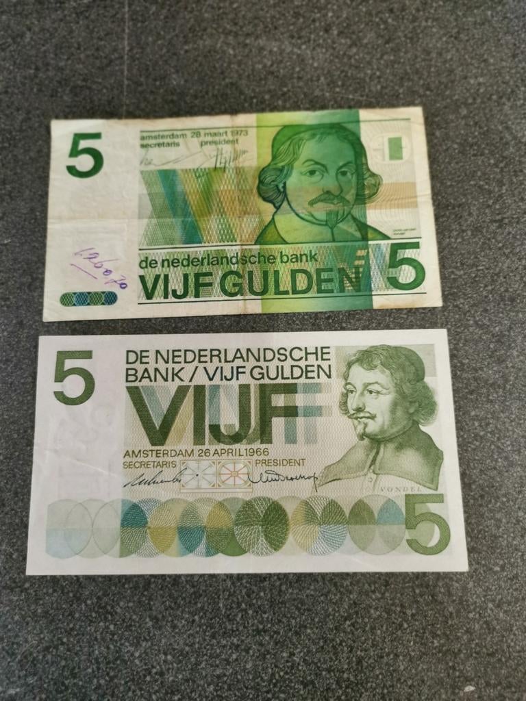 Twee 5 Gulden biljetten - Vondel (1966 en 1973), Ophalen of Verzenden, 5 gulden, Setje