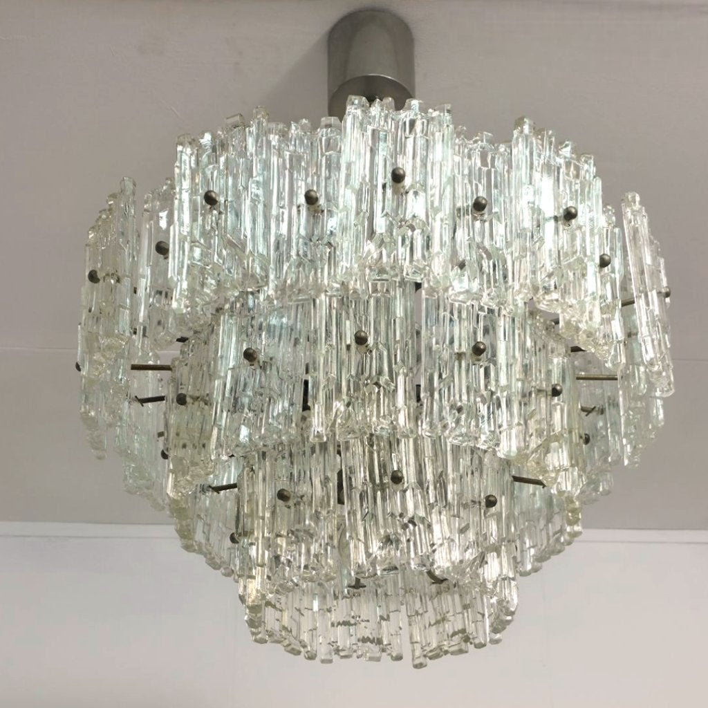 Kalmar ijsglas kroonluchter 60's xl formatt mid century, Ophalen, Gebruikt, Glas, E27 (groot)