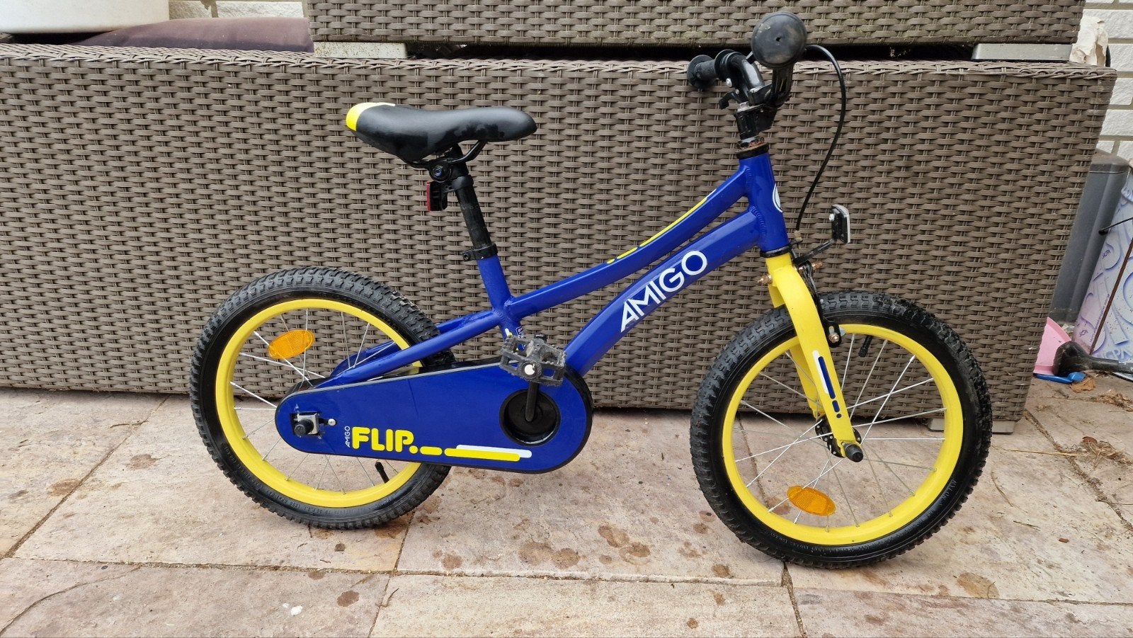 AMIGO Flip 18 inch kinderfiets – blauw/geel + zijwieltjes, Ophalen, Terugtraprem, Zijwieltjes, Amigo