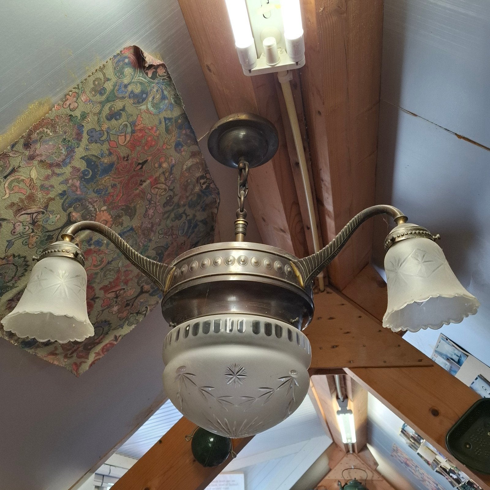 Antieke plafondlamp met geëtst glas en 3 armen, Ophalen