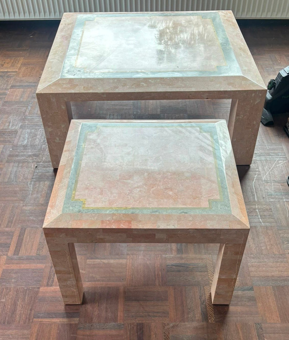 2 marmeren salontafels design en spiegel etagere sidetable, Overige materialen, Gebruikt, 50 tot 100 cm, Vierkant