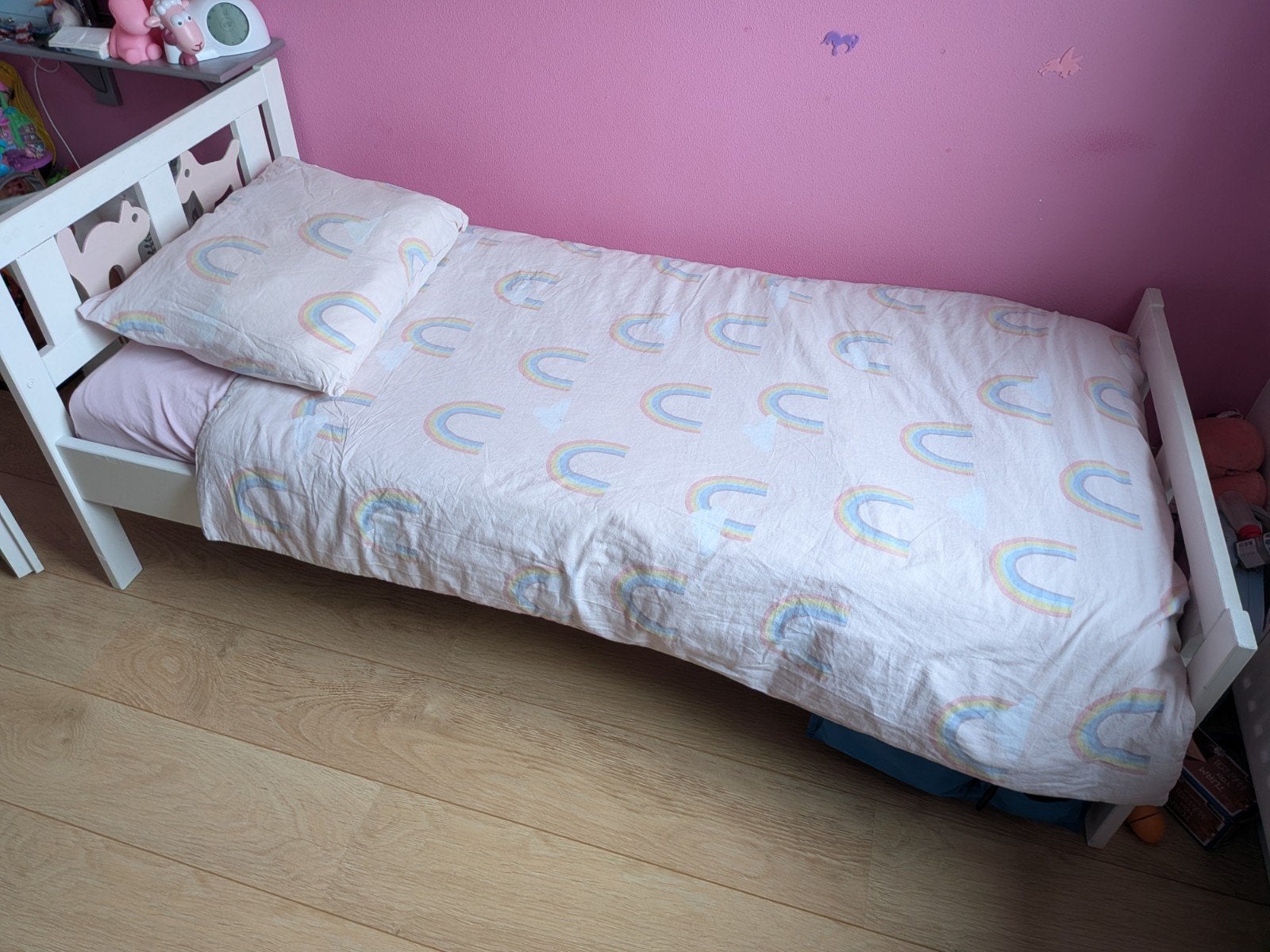 junior bed compleet en met zijhekjes (niet op foto), Ophalen, Gebruikt, 70 tot 85 cm, 140 tot 160 cm