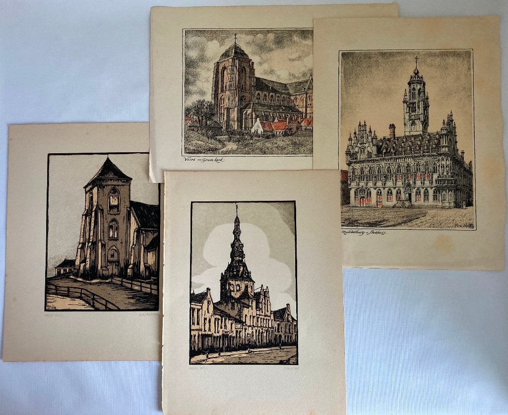 Partijtje met 4 topografische prenten Zeeuwse plaatsen, Gebruikt, Verzenden, Gebouw, Voor 1940