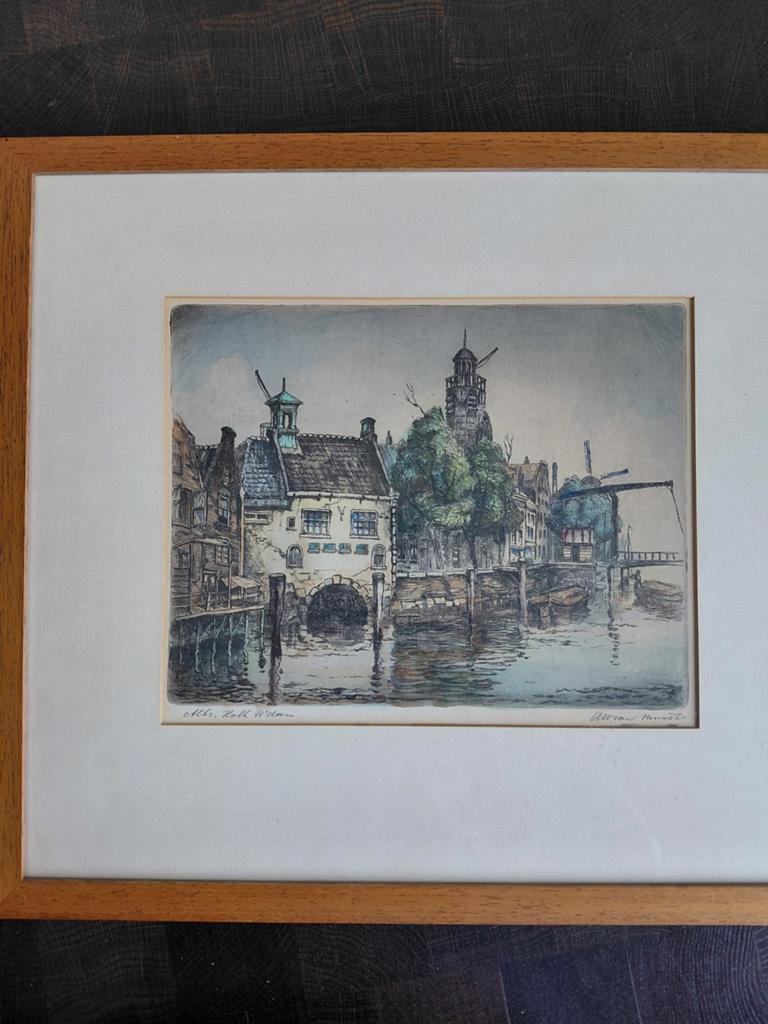 Oude Ets van Aelbrechtskolk , Delfshaven - Gesigneerd, Handgekleurd, Ets, Stadsgezicht, Ophalen of Verzenden