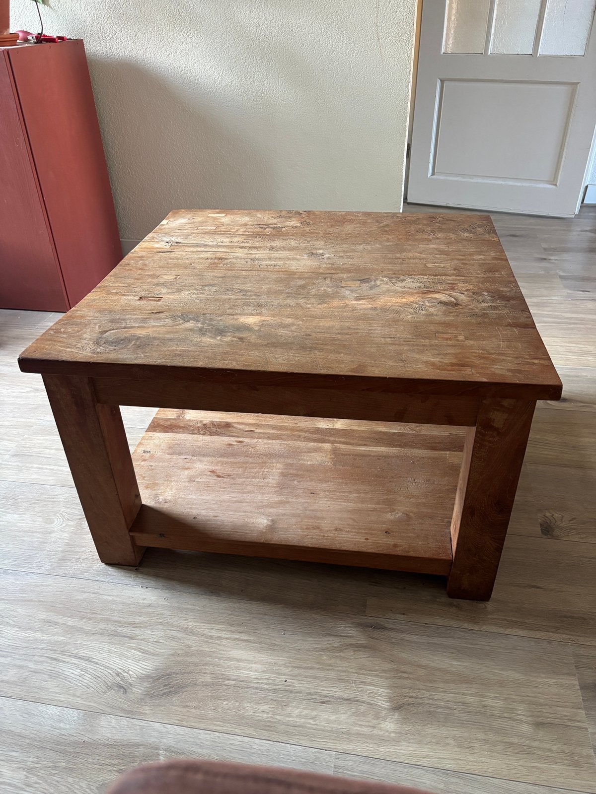 Robuuste massief houten salontafel, Ophalen, Gebruikt, 100 tot 150 cm, Eikenhout