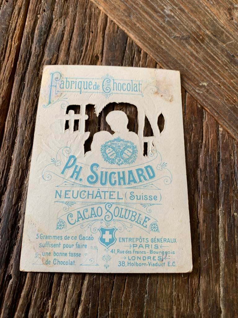 Zeer Oude chocolade reclamekaart Ph. Suchard Zwitserland, Verzamelen, Ophalen of Verzenden, Voor 1920, Ongelopen, Kinderen