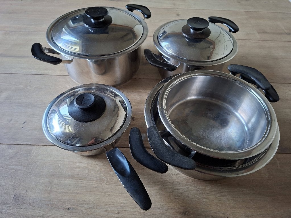 Complete 5-delige AMC pannenset met extra dikke bodem, Huis en Inrichting, Ophalen, Gebruikt, Met handvatten, Pannenset