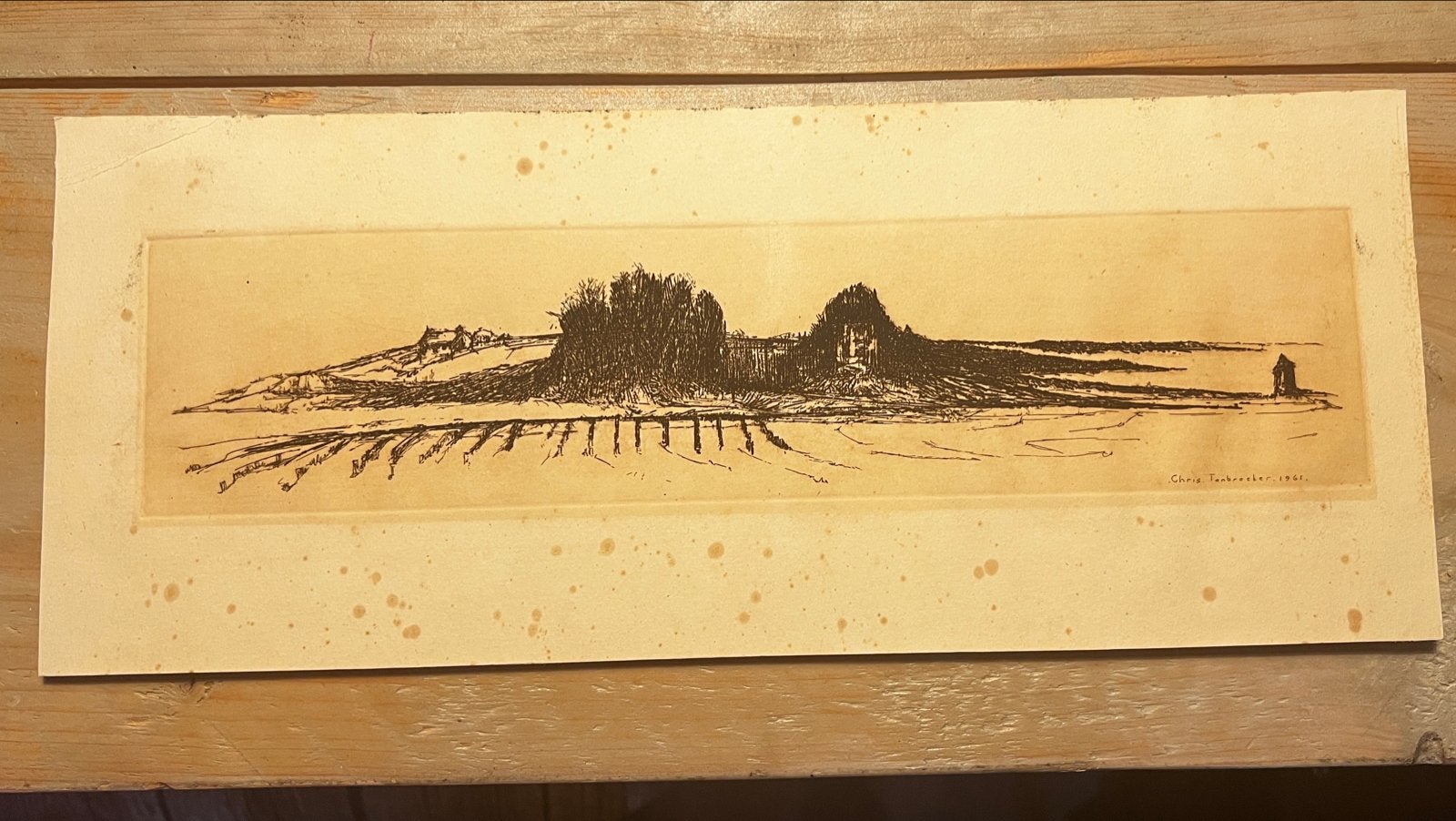 Ets van Chris Tonbroeker, 1961 - Landschap met ouderdomsvlek, Ophalen of Verzenden, Gesigneerd, Landschap, 1950 - 1999