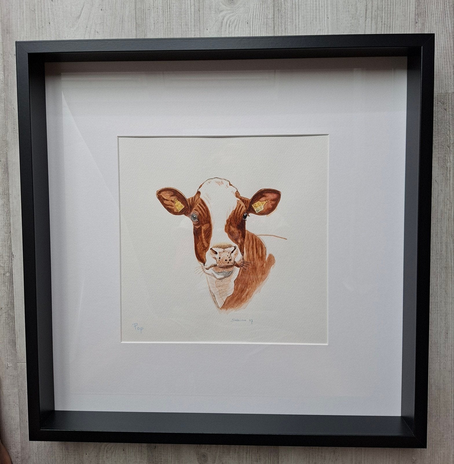 Aquarel Koe, Schilderij Koe eigen werk, Koe Aquarel Kunst, Ophalen of Verzenden, Passe-partout, Aquarel, Dieren