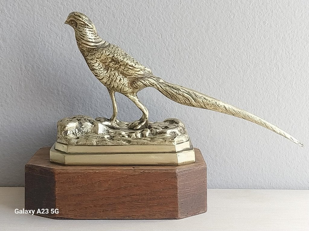 Messing fazant sculptuur gesigneerd Gaudez, Ophalen of Verzenden, 20 - 50 cm, Goud, Vogel