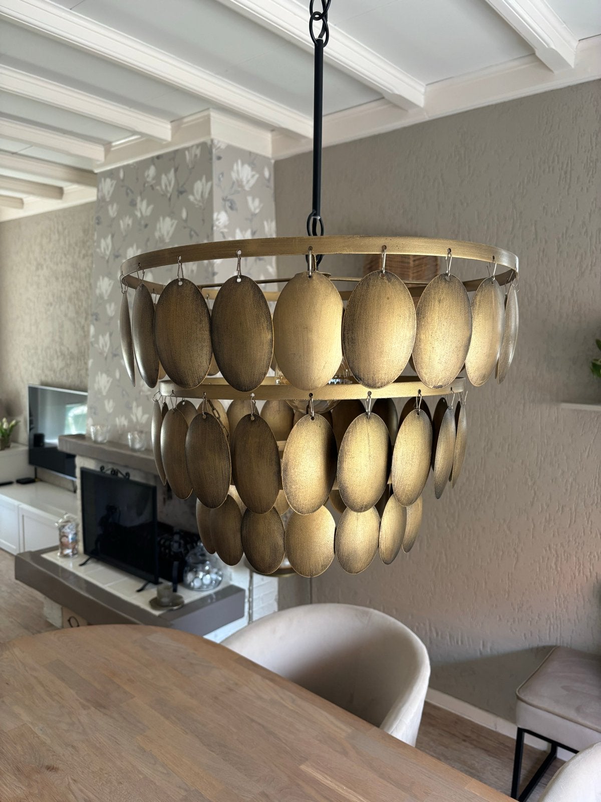 Gouden Kroonluchter met Ovale Schijven, Ophalen, Zo goed als nieuw, Metaal, 75 cm of meer