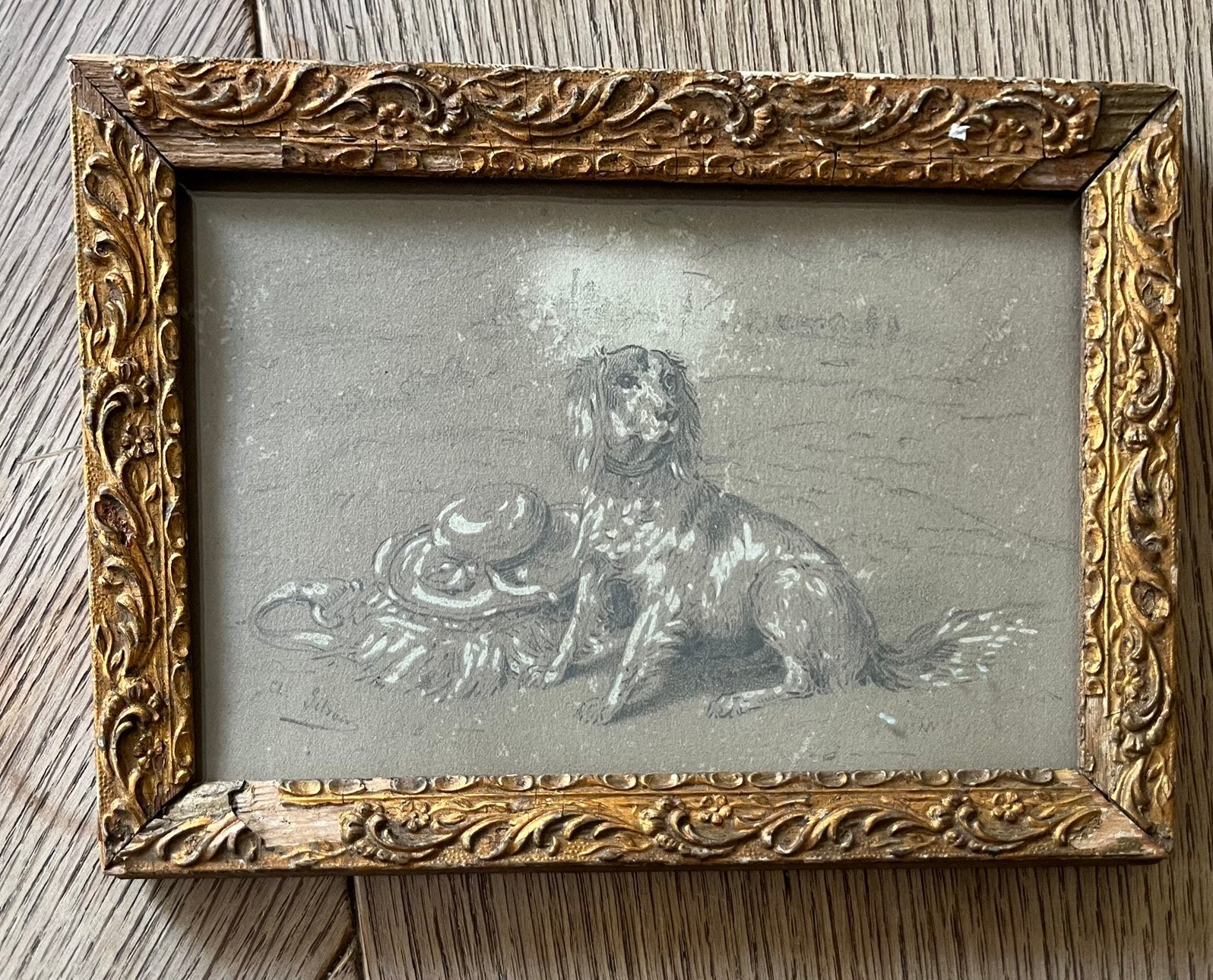 Negentiend eeuwse tekening van jachthond Frans, Ophalen of Verzenden, Tekening, Gemengde techniek, Achter glas