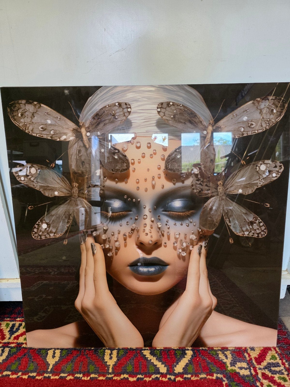 Glaskunst: Vrouw met Vlinders - 80x80cm, Antiek en Kunst, Ophalen