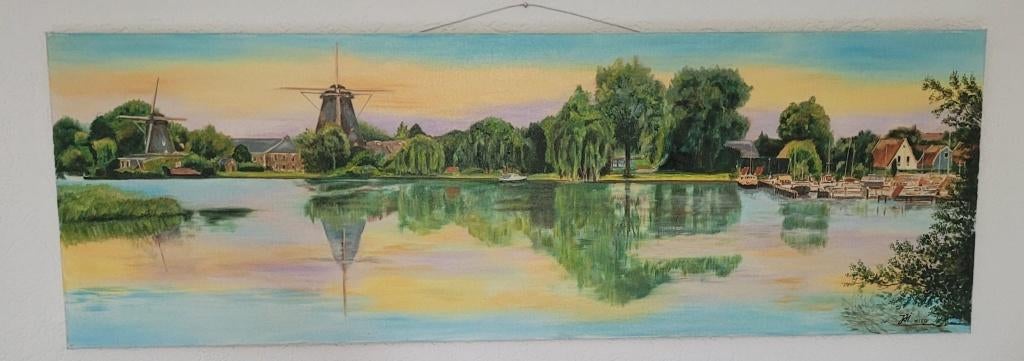 Stadsgezicht van Weesp: Molens aan de Vecht - Jan Mischa, Antiek en Kunst, Kunst | Schilderijen | Klassiek, Ophalen of Verzenden