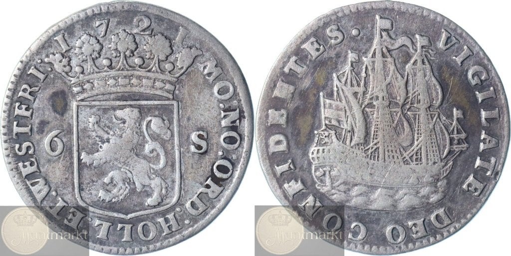 Holland & West-Frisia - Scheepjesschelling 6 Stuivers 1721, Vóór koninkrijk, Zilver, Losse munt, Overige waardes