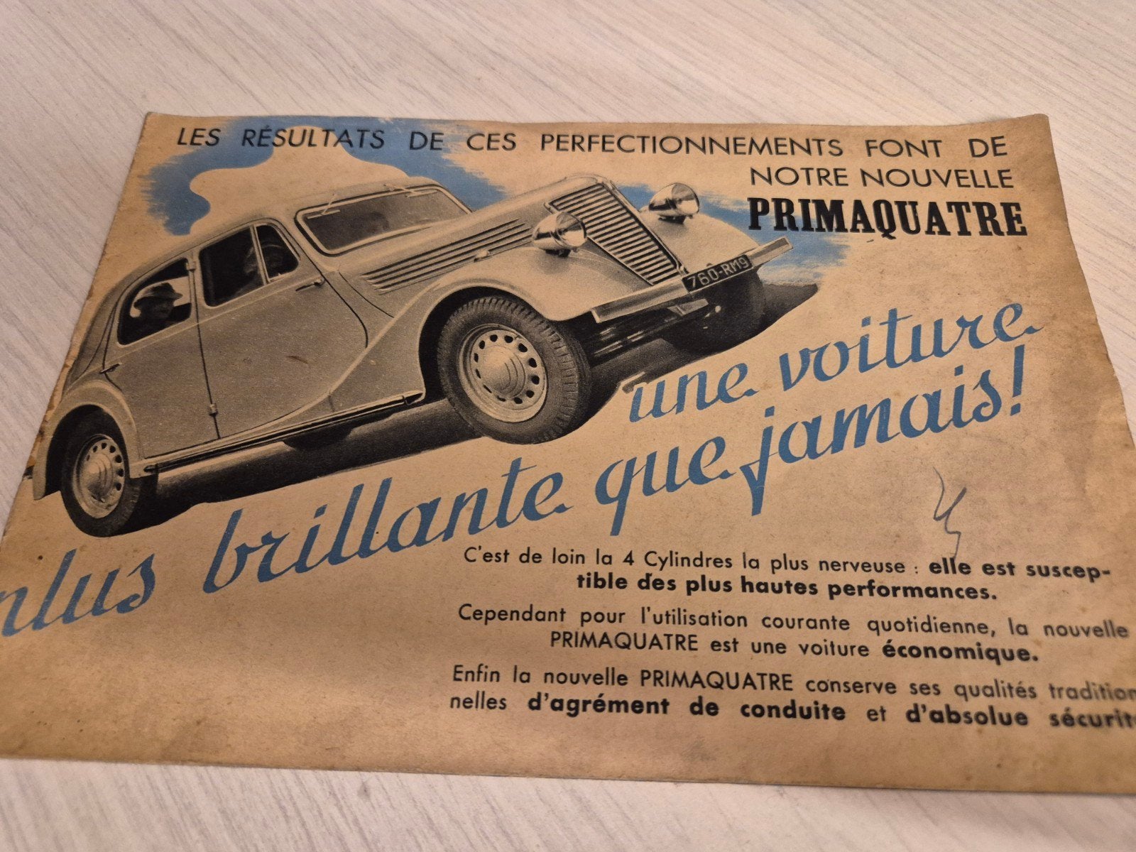 jaren 30 Renault Primaquatre brochure óók 2 deurs cabriolet, Ophalen of Verzenden, Gelezen, Renault
