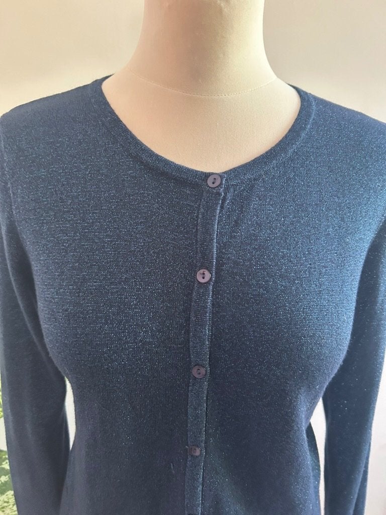 King Louie maat L donkerblauwe glitter vest cardigan 3370, Blauw, Maat 42/44 (L), Ophalen of Verzenden, Zo goed als nieuw
