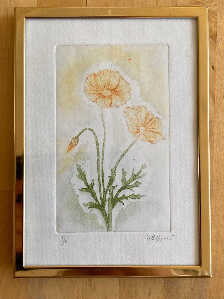 Echte Californische Klaprozen ets aquarel gouden lijst zgan, Schilderij, Achter glas, Ophalen of Verzenden, Goud