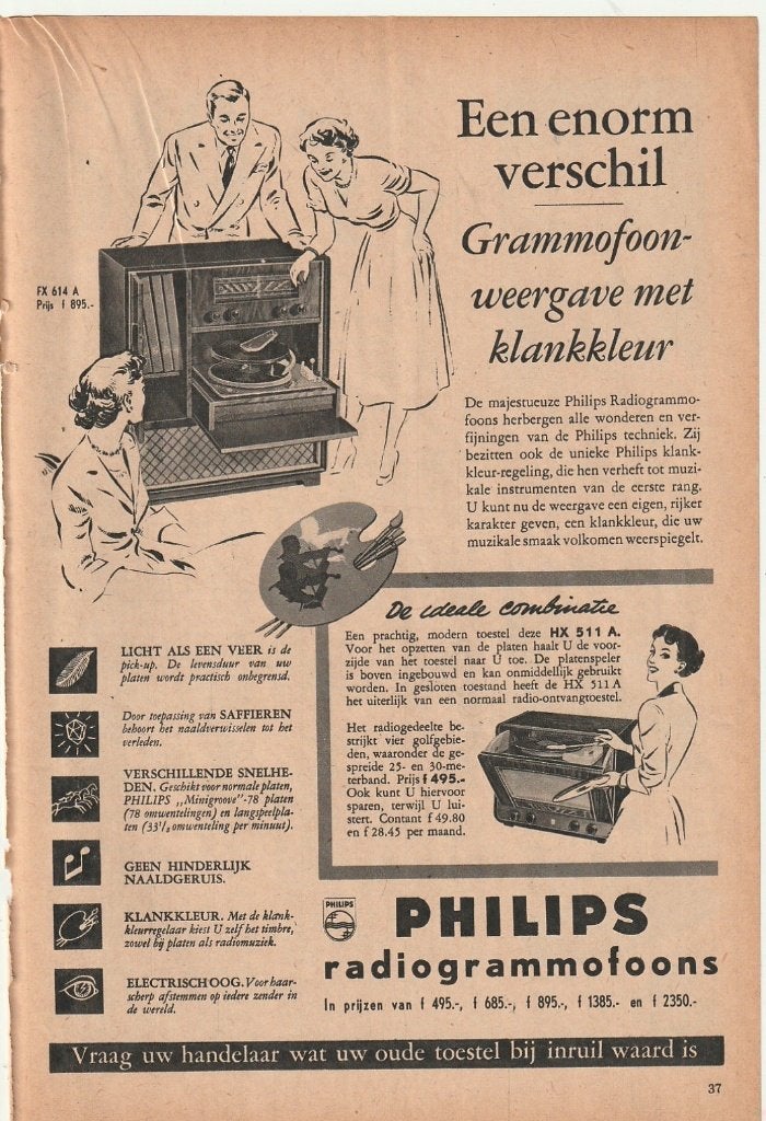 Retro reclame 1952 Philips platenspeler een enorm verschil, Verzamelen, Verzenden, Overige typen