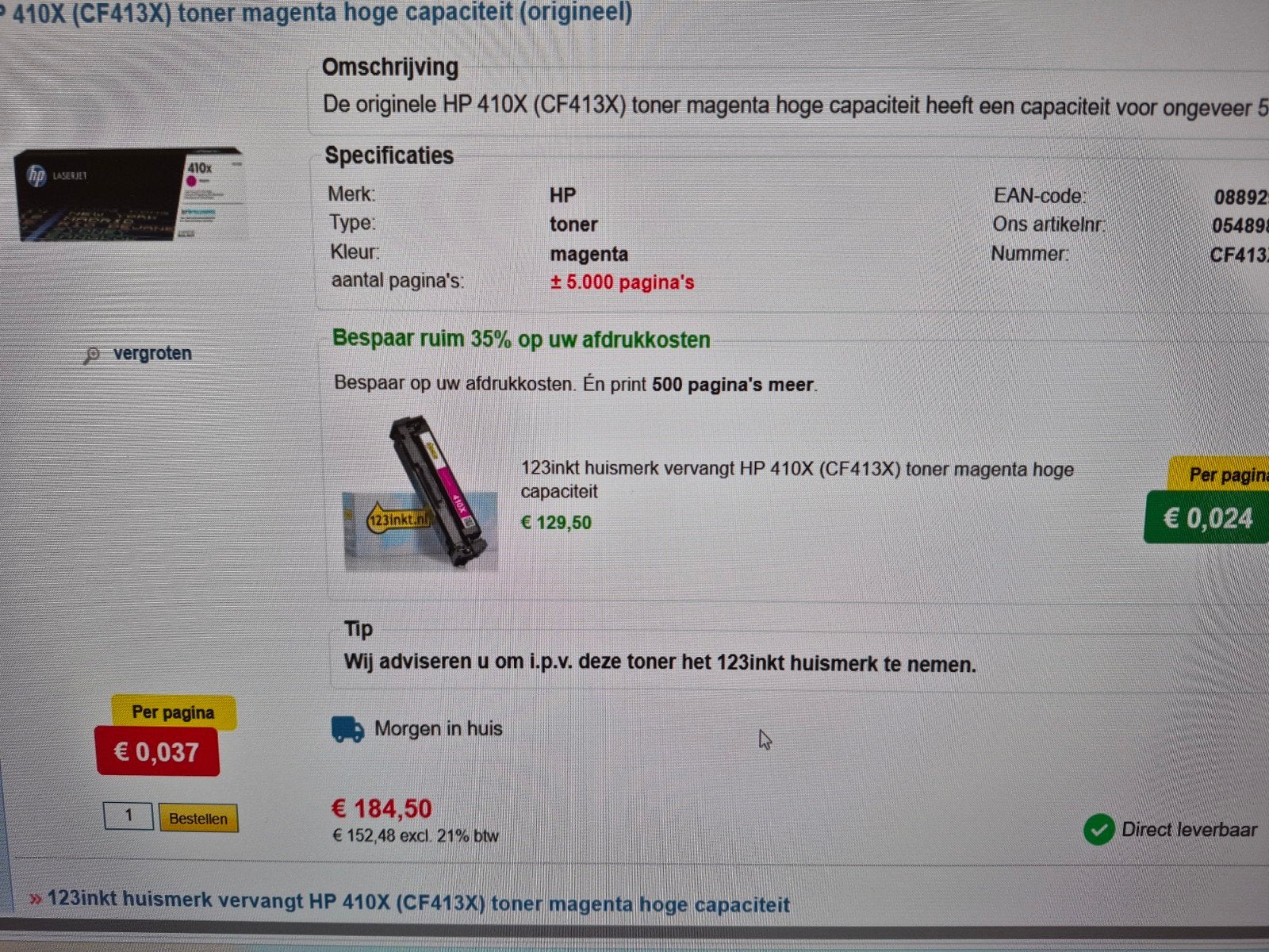 Toners voor HP410X Nieuw in doos, diversen kleuren., Computers en Software, Ophalen, Nieuw