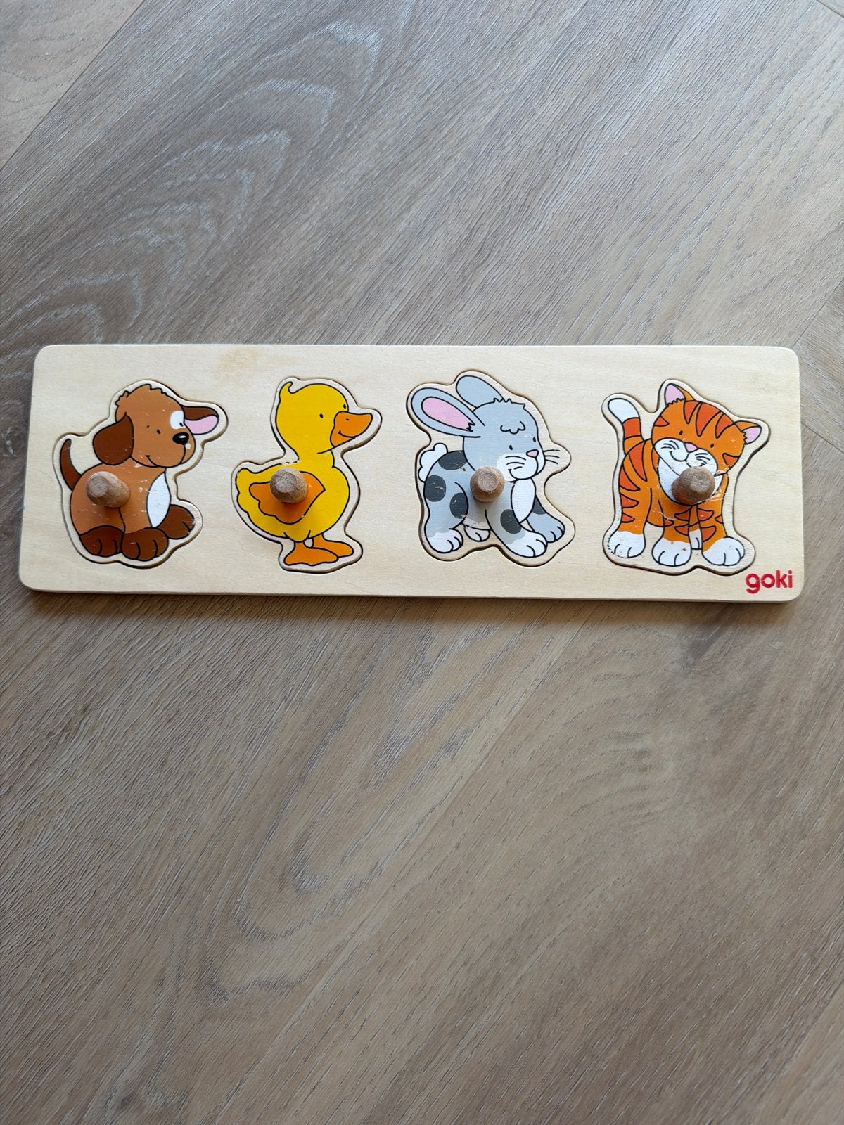 Goki Houten Dieren Puzzel - Hond, Eend, Konijn, Kat, Gebruikt, Ophalen of Verzenden, Van hout, Minder dan 10 stukjes