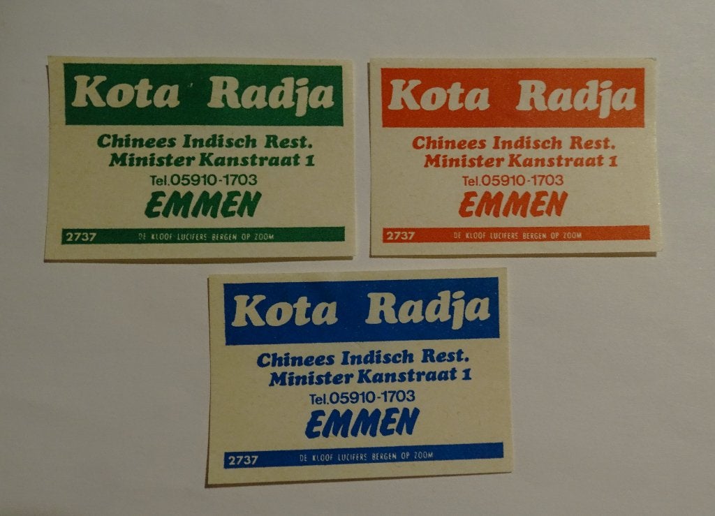 KOTA RADJA   Chinees Indisch Rest     EMMEN, Verzamelen, Verzenden, Gebruikt, Luciferdoosjes of -merken