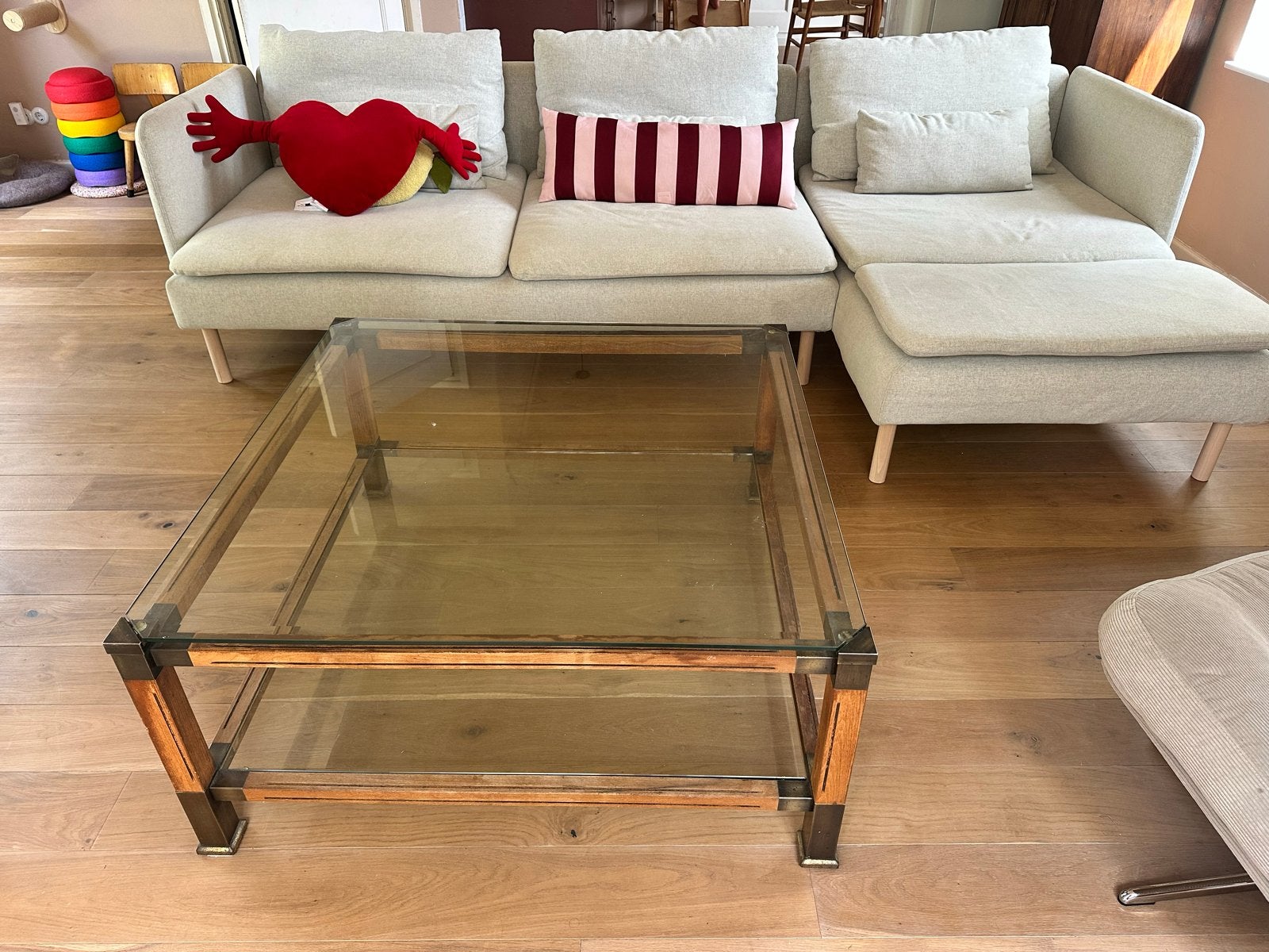 Glazen salontafel met houten en metalen frame 100x100x47, Ophalen, Gebruikt, 100 tot 150 cm, Vierkant