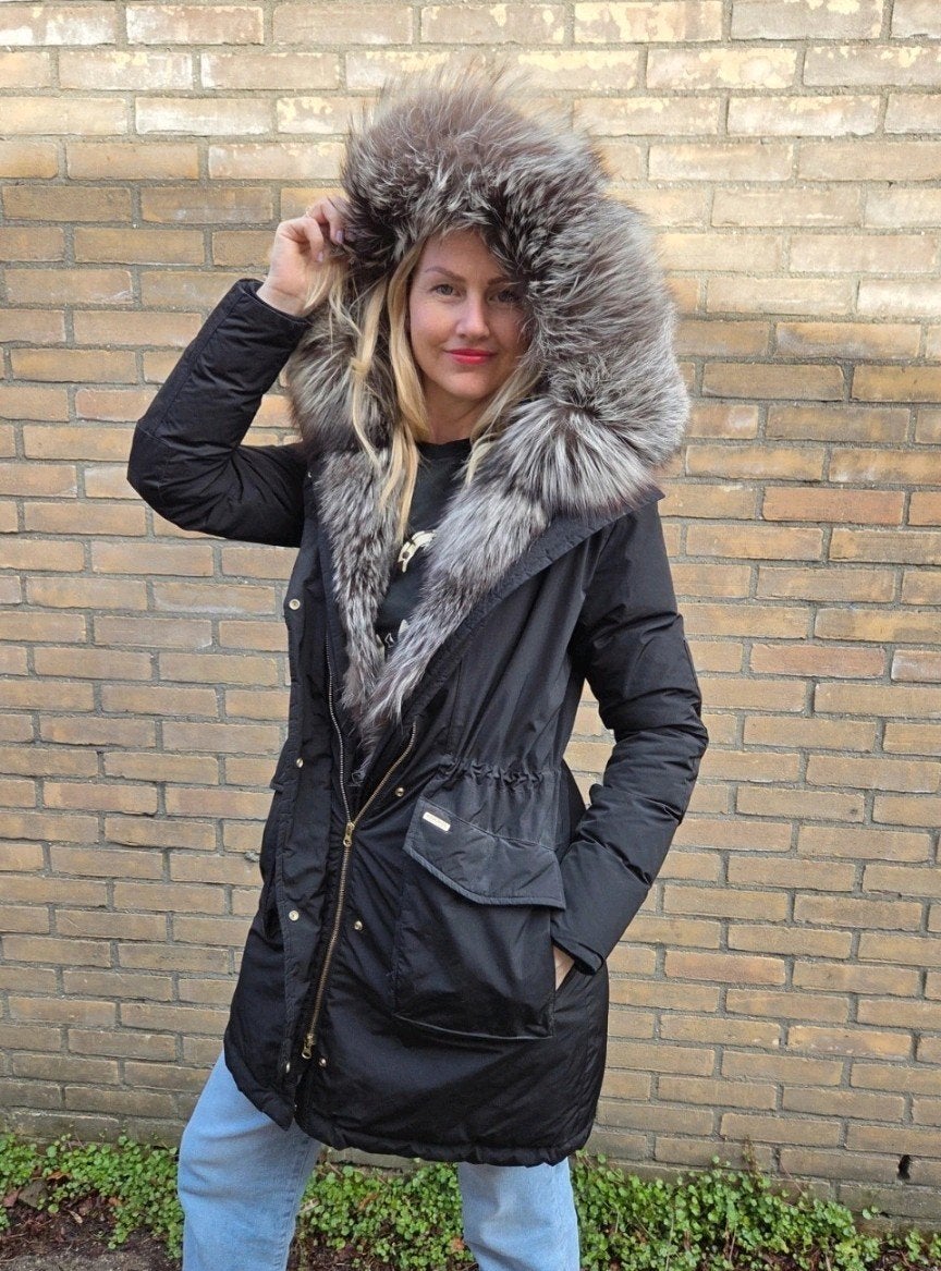Woolrich winterjas maat L met bontkraag, Ophalen, Zwart, Maat 42/44 (L), Woolrich
