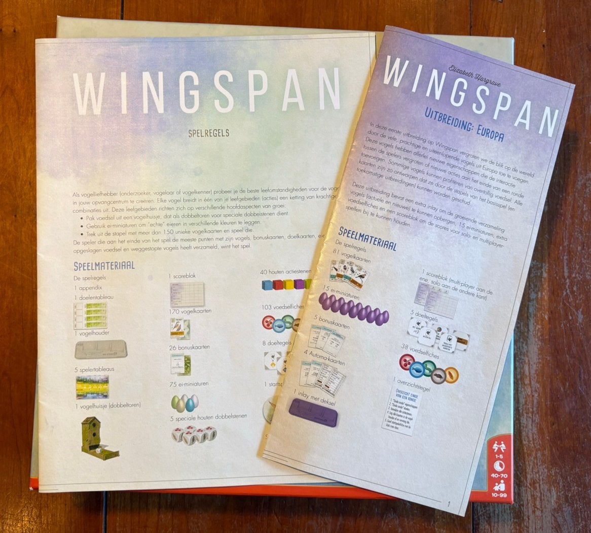 Wingspan + uitbreiding Europa, Hobby en Vrije tijd, Gezelschapsspellen | Bordspellen, Ophalen of Verzenden, Gebruikt